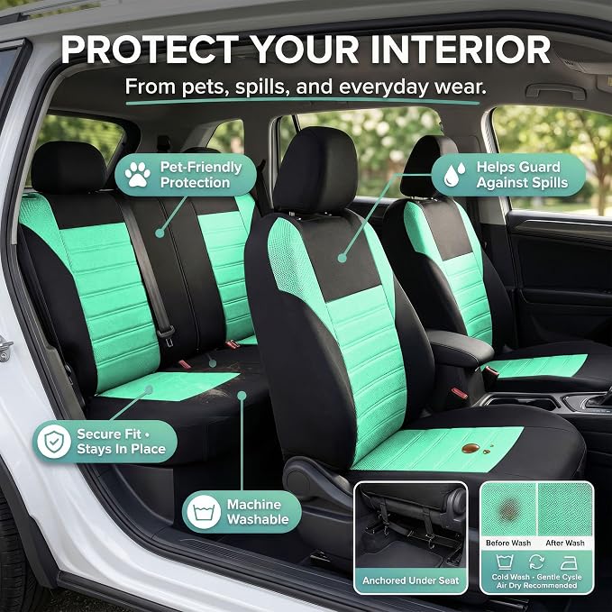 FH Group Automotive Car Seat Covers Full Set Premium 3D Air Mesh Front Seat Covers, Airbag Compatible & Split Bench Cover Universal Fit Interior Accessories for Cars Trucks and SUVs - Mint