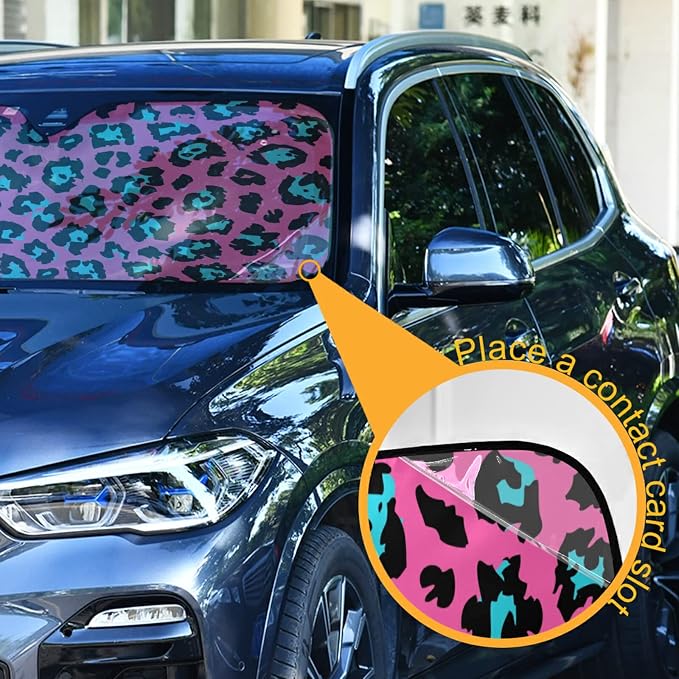 Pink Leopard Cheetah Skin Windshield Sun Shade Blocks UV Rays Visor Protector Accordion Folding Sun Reflector Auto Sunshade for Car Truck SUV to Keep Your Vehicle Cool