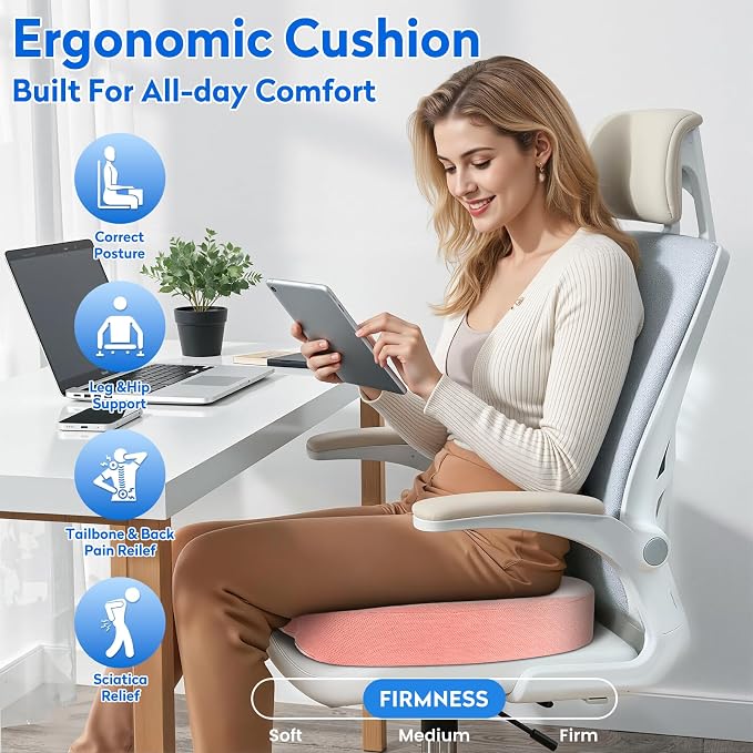 XXL Seat Cushion Office Car Seat Cushion, Memory Foam Cushion for Office Chair, Car Seat, Airplane, Bleacher Non-Slip Chair Pad (Pink
