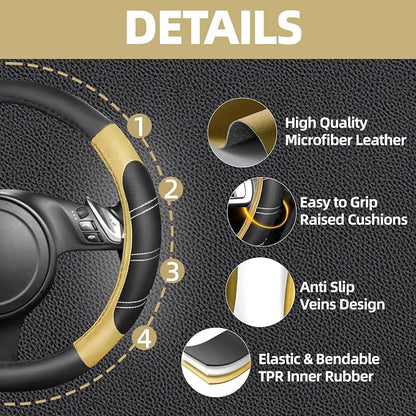 NBTEPEM 6 Pcs Beige Car Accessories Set, Sport Leather Steering Wheel Cover 14.5-15inch Universal, Microfiber Leather Car Center Console Cover, Seat Belt Cushion, Cup Holder Coaster (Black-Beige)