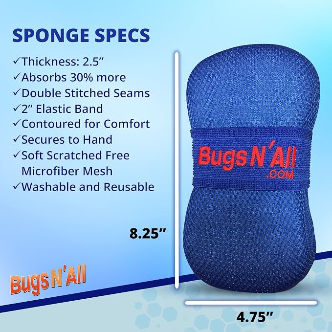 Bugs N’ All Bug Sponge - Bug and Tar Remover for Car Exterior and Interior - Ultra Soft Mesh Car Wash Sponge for Scratch Free Scrubbing - 8.25 by 4.75 inch, 1 Pack