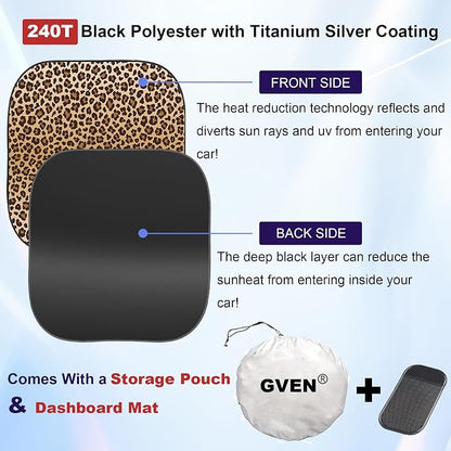 Gven Windshield Sun Shade 2pcs with Bonus Car Sunshade for Front Window Shades 2025 Technology Reflect UV and Heat Sun Visor Automotive Interior Sun Protection (Leopard, S)