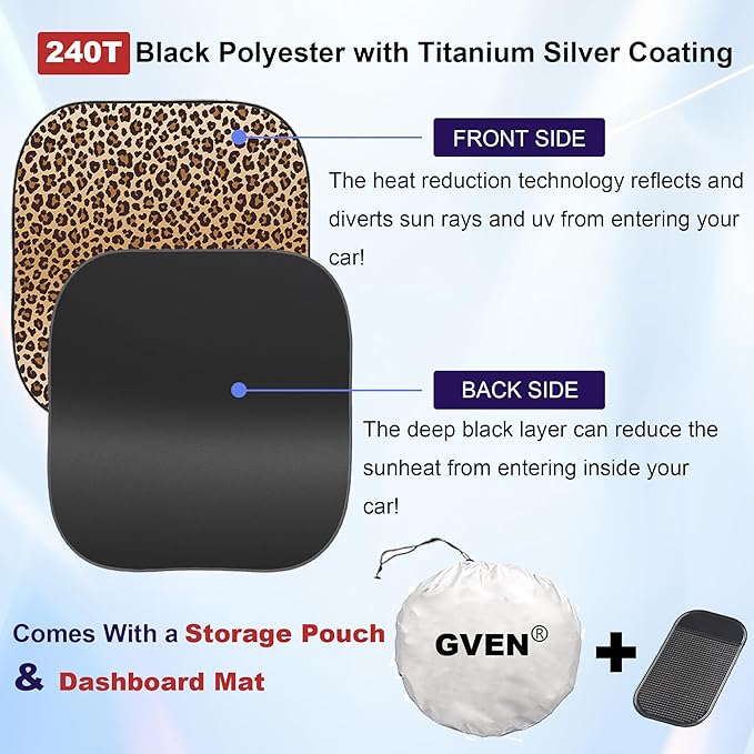 Gven Windshield Sun Shade 2pcs with Bonus Car Sunshade for Front Window Shades 2025 Technology Reflect UV and Heat Sun Visor Automotive Interior Sun Protection (Leopard, M)