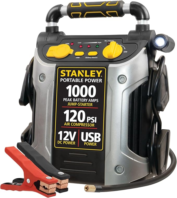 STANLEY J5C09 1000 Peak Amp Automotive Jump Starter, Portable Power – 2.1A/10W USB Port, 12V Outlet, 120 PSI Air Compressor for Tires, Bikes & Sports Equipment | Portable Power, 2.1A/10W USB Port, 12V Outlet, 120 PSI Air Compressor for Tires, Bikes & S...