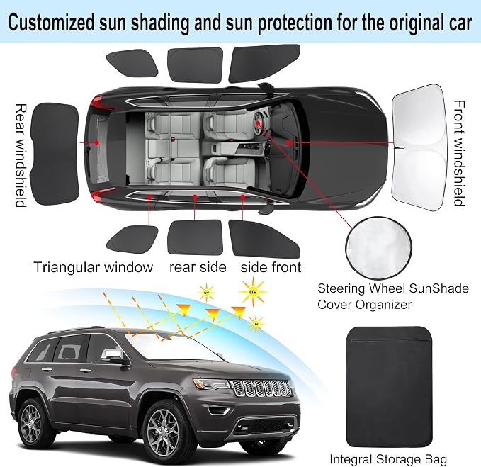 TINGLU Window Shades for Jeep Grand Cherokee 2011-2021(NOT for Grand Cherokee L) 8PCS Accessories Car Side Full Windows Rear Triangular Windshield Sun Shade Sun UV Rays Privacy Protection for Camping