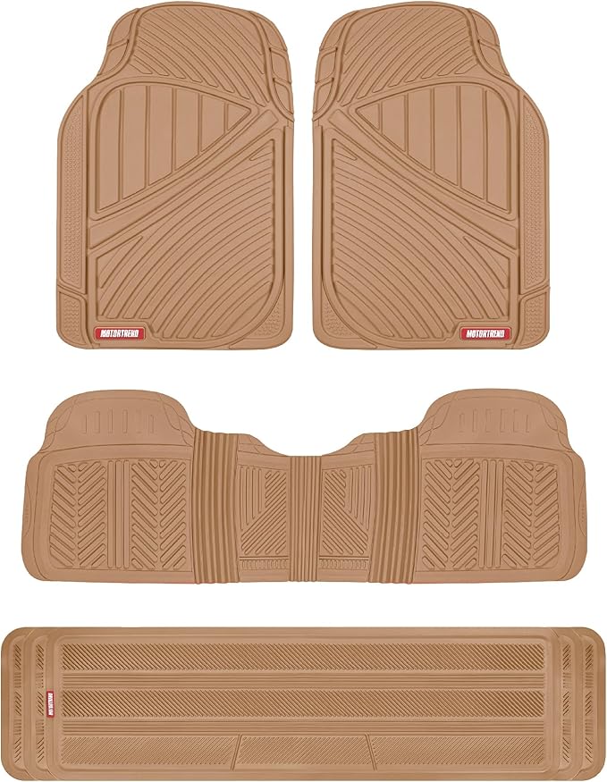 Motor Trend 3-Row Heavy Duty Rubber Floor Mats & Liners for Car SUV Van, Front 2nd & 3rd Row Durable Polymerized Latex Full Interior Protection, Extra-High Ridgeline Design, Beige