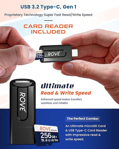 ROVE Ultimate Micro SD Card microSDXC 256GB Memory Card with USB 3.2 Type C Card Reader 170MB/s C10, U3, V30, 4K, A2 for Dash Cam, Android Smart Phones, Tablets, Games (Pack of 2)