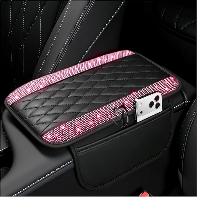 Stacool Upgraded Car Center Console Cover with Rhinestones,Microfiber Leather Car Armrest Cover Cushion with 2 Storage Bags,Universal Cars Armrest Storage Box as Cars Interior Accessories