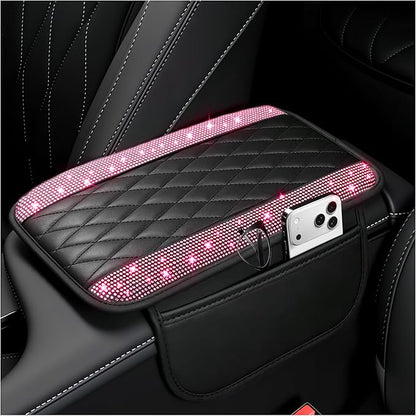 Stacool Upgraded Car Center Console Cover with Rhinestones,Microfiber Leather Car Armrest Cover Cushion with 2 Storage Bags,Universal Cars Armrest Storage Box as Cars Interior Accessories