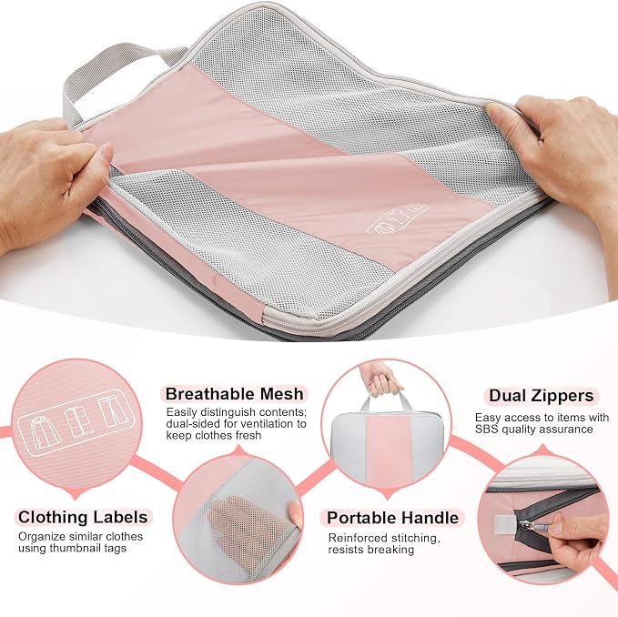 OlarHike 10-Pack Compression Packing Cubes for Travel Essentials,Compressible Expandable Packing Cubes for Suitcase,Luggage Garment Bags for Travel,Handy Helper for Organizing Clothes(Pink)