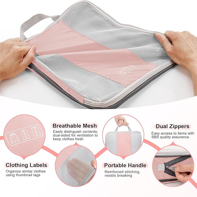 OlarHike 8 Set Compression Packing Cubes for Travel Essentials,Compressible Expandable Space Saver Bags for Organizing Clothes,Luggage Suitcase Garment Bags with Over 1000 pcs Mesh Holes(Pink)