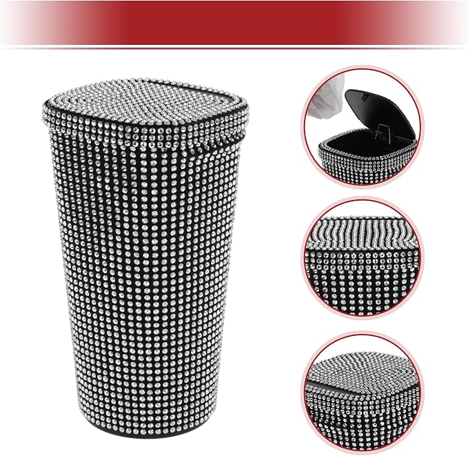 ACROPIX Car Trash Can Trash Bin Rhinestones Portable 3.5" Length 3.5" Width 6.3" Height White Rhinestone Plastic