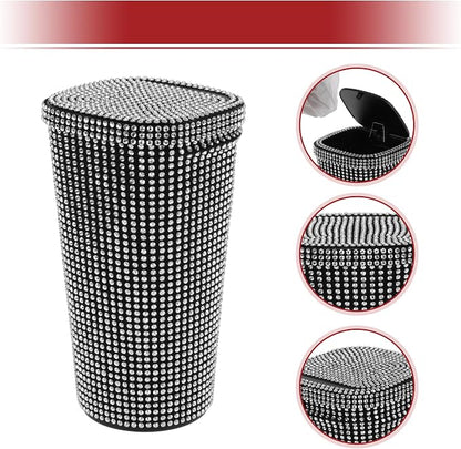 ACROPIX Car Trash Can Trash Bin Rhinestones Portable 3.5" Length 3.5" Width 6.3" Height White Rhinestone Plastic