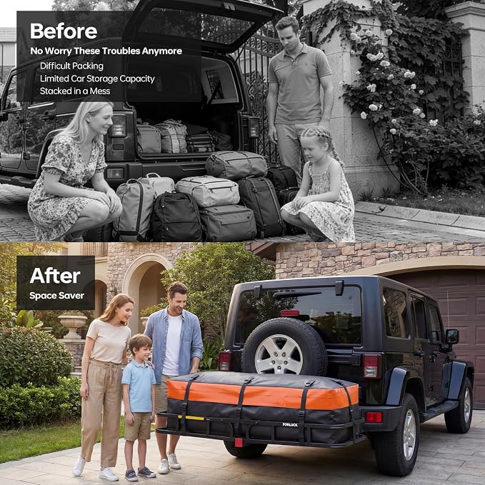Forluck Waterproof Hitch Mount Cargo Carrier Bag, 20 Cubic Feet Soft Shell Travel Storage Bag (59"x24"x24"), Heavy Duty PVC with 8 Reinforced Straps, Combination Lock & Storage Bag for Truck SUV RV