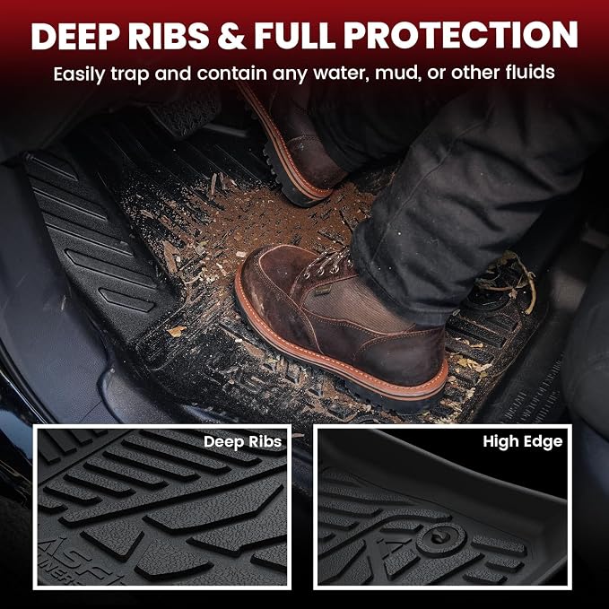 LASFIT Floor Mats for Ford Ranger 2026 2025 2024 SuperCrew Cab All Weather Truck Protector TPE Carpeted Floor Liners, Front and Rear Row, 3pc Black