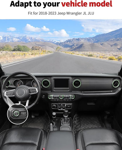 JWWY JL AC Air Vent Trim Rings & Dashboard Headlight Switch Decor Switch Knob Cover Kit Fit for 2018-2023 Jeep Wrangler JL JLU Interior Accessories, Aluminum Alloy 8PCS Green