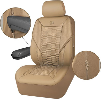 CAR PASS 3D Foam Mesh Leather Car Seat Covers Full Set, Tan Breathable Mesh Faux Leather Seat Covers for Car, Universal Fit for SUV Truck Sedan Automotive, Armrest Airbag Compatible, All Beige