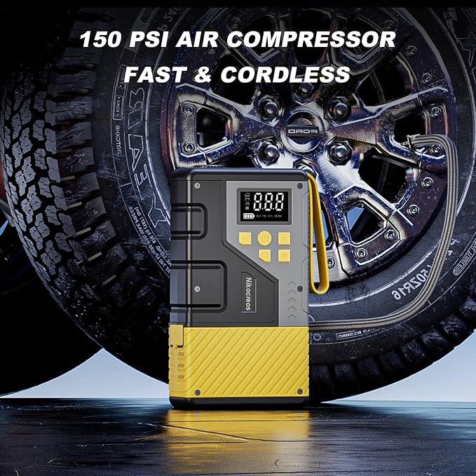 Portable Car Jump Starter with Air Compressor for Emergencies,3000A Peak and 150 PSI Max,for 12L Gas & 10L Diesel Engines,LCD Display,LED Light