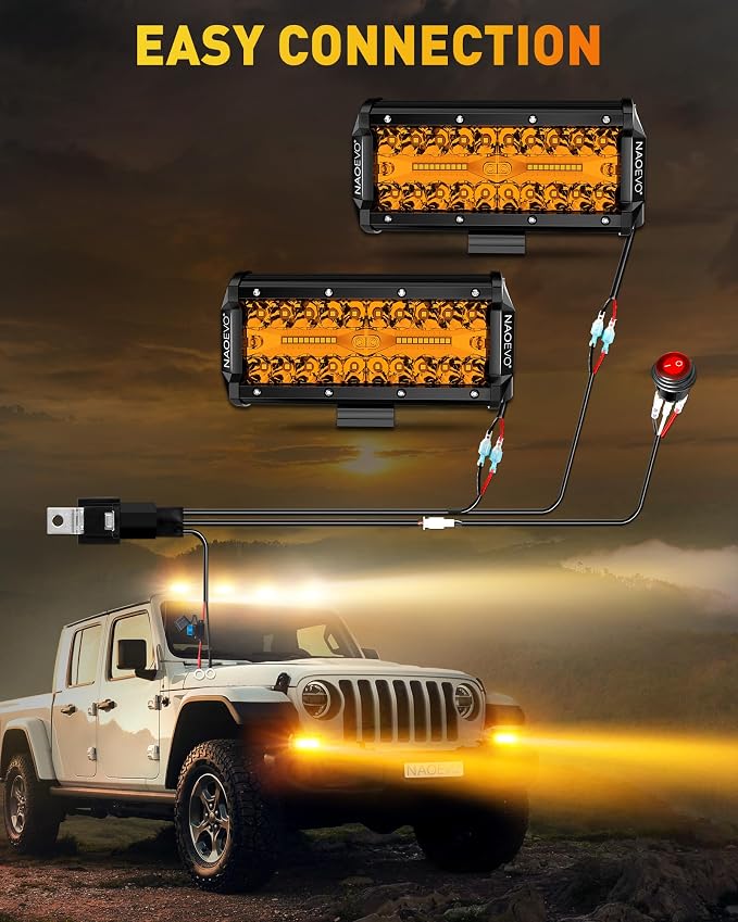 NAOEVO 7 Inch Amber LED Light Bar, 240W 24,000LM Offroad Fog/Driving Lights LED Pods with 2 Leads Wiring Harness Kit, Spot & Flood Work for Truck Boat UTV ATV, 2-Pack (Amber)
