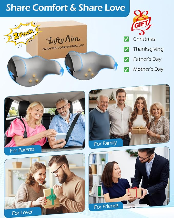 Lofty Aim Car Neck Pillow: 2 Pack Ergonomic Memory Foam Headrest Pillow for Driving, Adjustable Neck Support Cushion for Pain Relief, Head Rest Pillows for Car Seat, Truck - Gray & Black