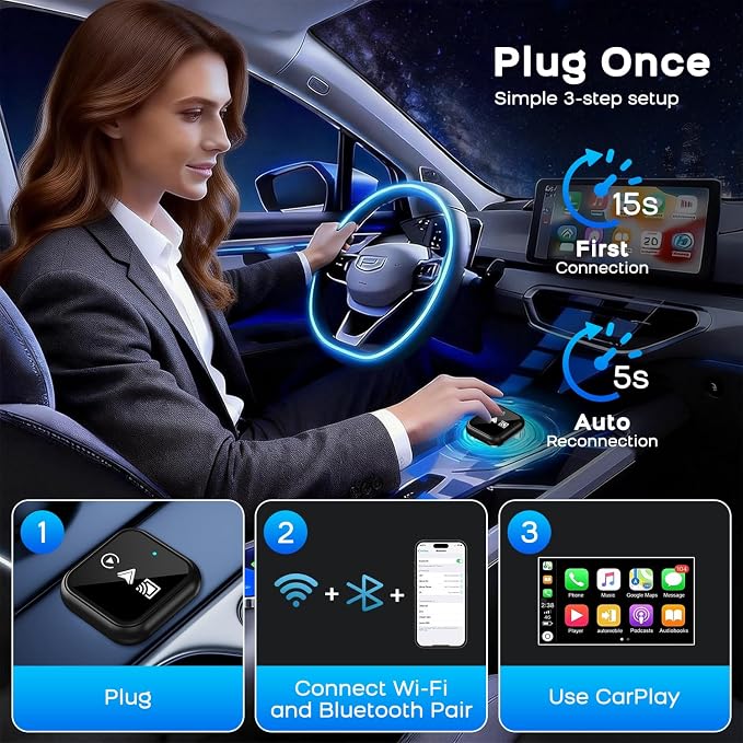 2026 Upgrade 3 in 1 Screen Mirror iOS Phone, Wired to Wireless CarPlay Adapter, 5.0GHz Bluetooth 5.4 Dongle for OEM Wired CarPlay（Not for Netflix/Hulu）