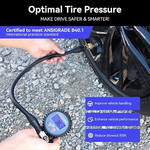 Digital Tire Inflator Gauge, 0-250 PSI, Heavy Duty Air Chuck with Quick Connect Coupler, Air Pressure Gun with Quick-Lock Air Chuck, Digital Tire Pressure Gauge with Inflator for Truck SUV