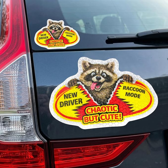 3 Pcs Reflective Student Driver Magnet and Stickers Set - Funny Animal New Driver Safety Signs for Car, Waterproof & Weatherproof High Visibility Vehicle Bumper Decals, Magnet + Stickers (Raccoon)