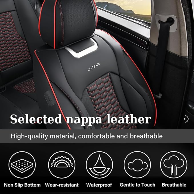 Coverado Front Seat Covers, Car Seat Covers Front Seats, Nappa Leather Waterproof Seat Covers for Car, Car Seat Protectors, Automotive Seat Covers Universal Fit for Most Vehicles(Black&Red)
