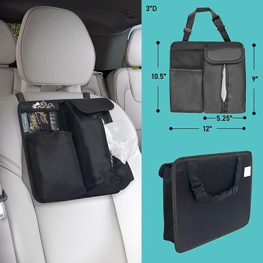 FH Group Hanging Car Organizer with Tissue Holder, BLACK Car Back Seat Organizer,E-Z Travel Organizer,Toys Storage Organizer, Kids Travel Storage for Baby Wipes, Food Holder