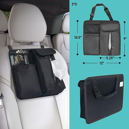 FH Group Hanging Car Organizer with Tissue Holder, BLACK Car Back Seat Organizer,E-Z Travel Organizer,Toys Storage Organizer, Kids Travel Storage for Baby Wipes, Food Holder