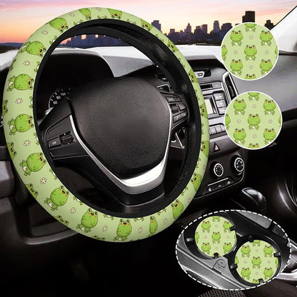 Cute Frog Steering Wheel Cover for Women,Universal Auto Steering Wheel 14-15 Inch Car Interior Accessories with 2PCS Car Coasters,Suitable for Men and Women