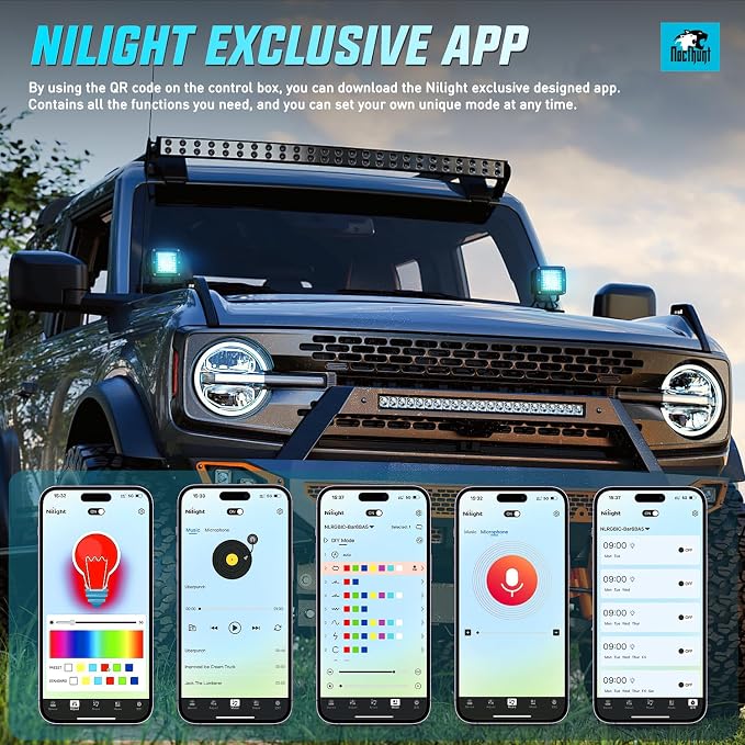 Nilight LED Pods 3 Inch 18W Cube Flood Offroad Work Light with RGB Halo Strip Multi Chasing Flash Strobe Mode APP & Remote Control IP67 Waterproof for Truck Pickup Golf Cart SUV ATV UTV 4x4 Van Camper