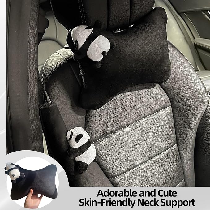 Car Headrest Pillow 2PCS Plush Bear ＆ Bunny Car Seat Headrest Pillow - Memory Foam Neck Support Cushions for Comfortable Driving, Easy Install & Washable (Black)