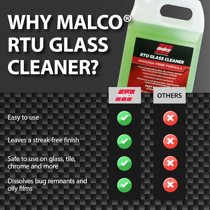 Malco Ready-To-Use Glass Cleaner - Streak-Free Removal of Dirt, Grease, Oils, & Bug Debris from Glass, Chrome, Tile, Stainless Steel, Vinyl, Rubber/Ammonia-Free & Tint Safe / 1 Gallon (107901)