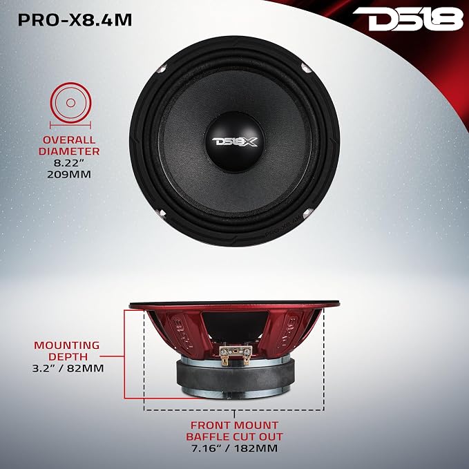 DS18 PRO-X8.4M Loudspeaker - 4", Midrange, Red Steel Basket, 550W Max, 275W RMS, 8 Ohms - Premium Quality Audio Door Speakers for Car or Truck Stereo Sound System (1 Speaker)