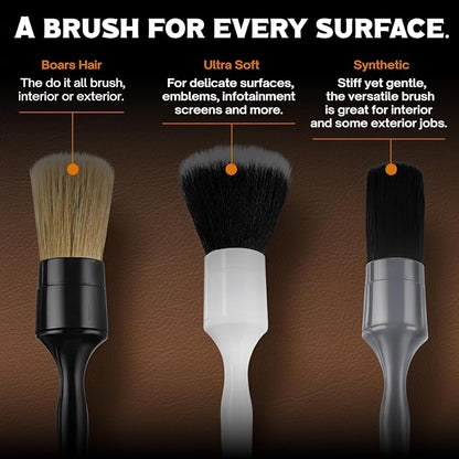 Premium Car Detailing Brush Set - Complete 6 Pack Kit - 2 Boar's Hair, 2 Ultra Soft, 2 Synthetic Bristles - Car Detail Brush for All Surfaces, Leather Seats, Air Vents, Wheels & Emblems, and More