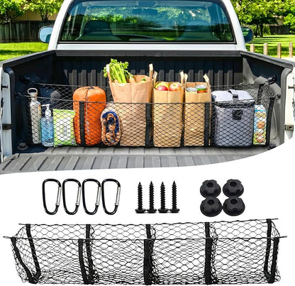Cargo Net for Car, Expandable 4 Pocket Heavy-Duty Cargo Net Organizer, Black Mesh Storage Pocket with 4 Metal Carabiners Universal for Car, SUV, Pickup Truck, Van Trunk Bed- 51.2” x 11.8”