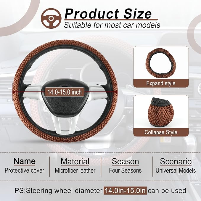 Alpmosn Elastic Stretch Steering Wheel Cover, Breathable Microfiber Ice Silk, Anti-Slip, Easy Carry, Universal Interior Accessories Steering Wheel Cover for Women & Men (Brown-Black)