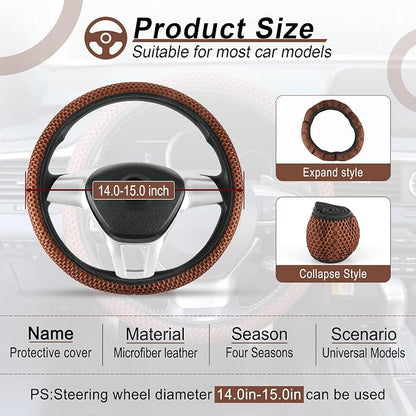 Alpmosn Elastic Stretch Steering Wheel Cover, Breathable Microfiber Ice Silk, Anti-Slip, Easy Carry, Universal Interior Accessories Steering Wheel Cover for Women & Men (Brown-Black)