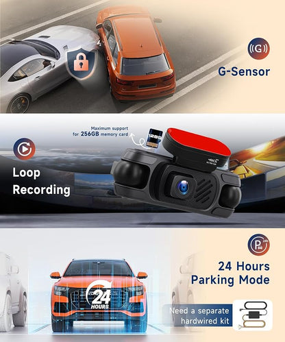 4K 360° Dash Cam 4-Channel Front/Rear/Inside/Side Car Dash Camera with WiFi, APP Control, Built-in GPS,128GB SD Card Included, 8 IR Night Vision, G-Sensor, 24/7 Parking Mode