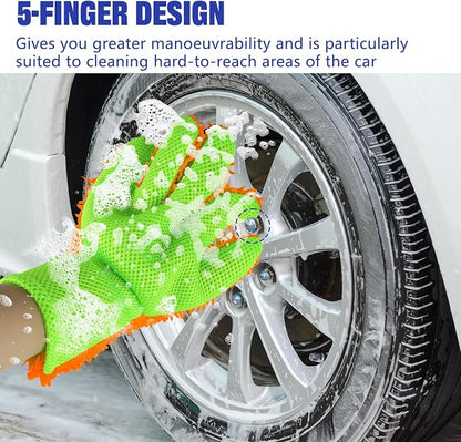 2PCS Car Wash Mitt, 5 Finger Chenille Microfiber Cleaning Mitt for Cars, Scratch-Free Auto Washing Gloves, Car Interior Exterior Cleaning Gloves, Great for Hard-to-Reach Areas (Orange)