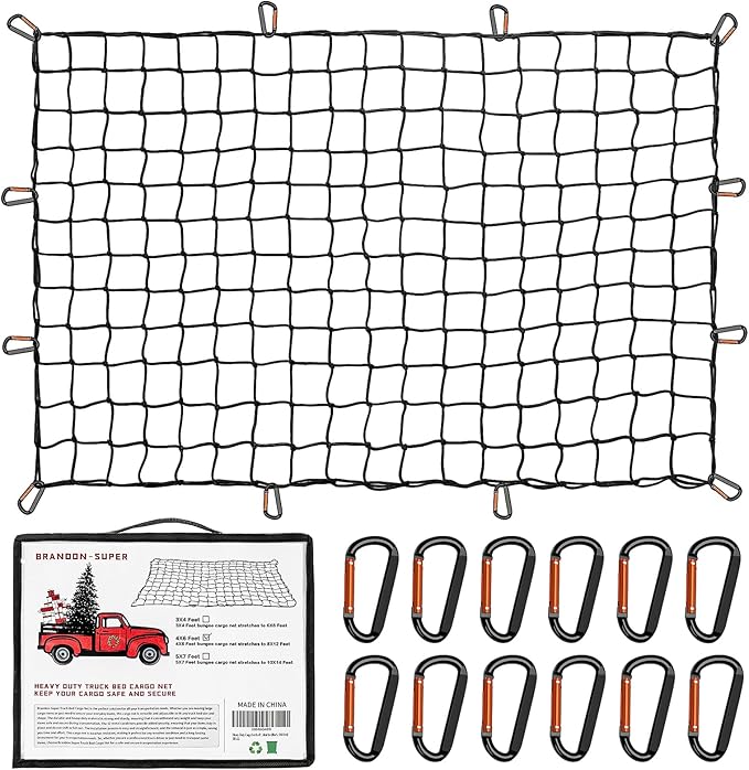 Heavy Duty Cargo Net for Pickup Truck Bed - Stretches from 3' x 4' to 9' x 12' - 12 Metal Carabiners - Compatible with Ford, Dodge RAM, Chevy, Toyota - Ideal for (Black, 3X4 Feet)