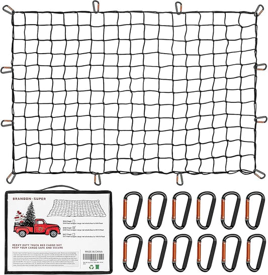 Heavy Duty Cargo Net for Pickup Truck Bed - Stretches from 5' x 7' to 15' x 21' - 12 Metal Carabiners - Compatible with Ford, Dodge RAM, Chevy, Toyota - Ideal for (Black, 5X7 Feet)