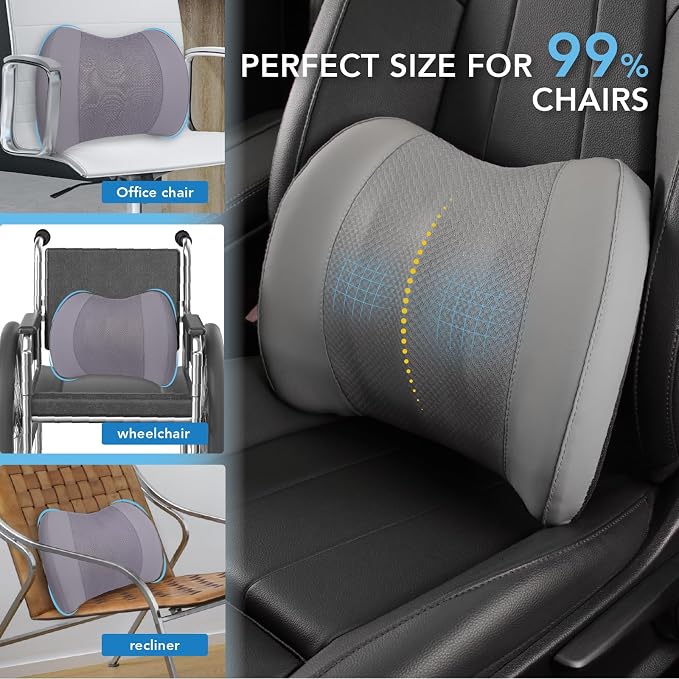 Lofty Aim Lumbar Support Pillow for Car, Memory Foam Lumbar Pillow for Lower Back Pain Relief - Back Cushion for Driving, Chair Support for Car-Office Chair, Wheelchair - Gray
