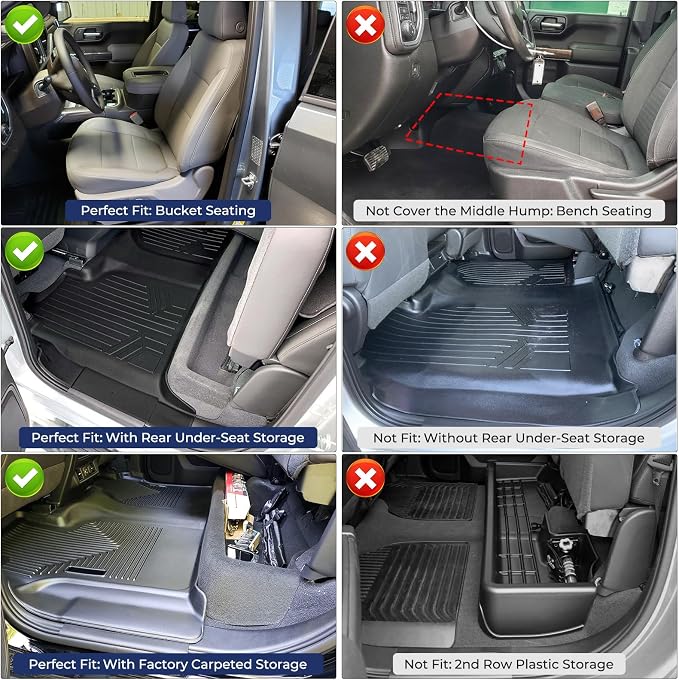 CreekT® for Chevy Silverado for GMC Sierra Floor Mats 2019-2025 2026 (Crew Cab Only, Fit with Rear Under-Seat Storage), All Weather Floor Mats for 1500/2500HD/3500HD Denali Bucket Seating Accessories