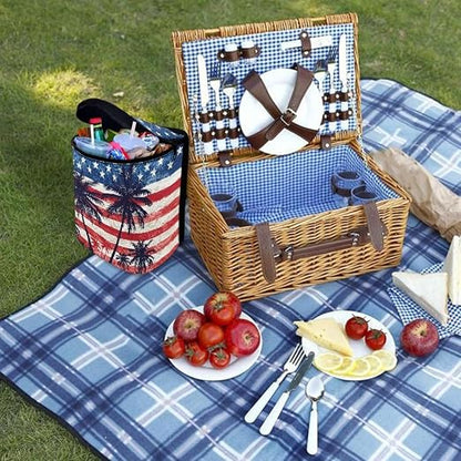 Talayituse American Flag Palm Tree Print Car Trash Can Portable Auto Garbage Bin Multifunctional Vehicle Interior Accessories with Adjustable Straps 4th of July Decor Universal Fit Truck SUV Sedan
