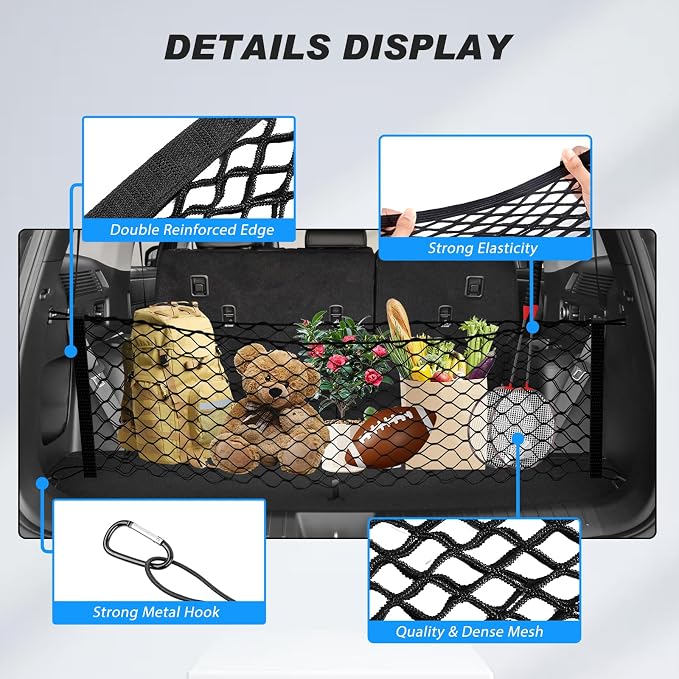Karltys Cargo Net for 2019-2023 Hyundai Santa Fe Envelope Style, Highly Elastic Rear Trunk Cargo Net for Santa Fe Accessories Double Layer Nylon Mesh Netting with Metal Hooks