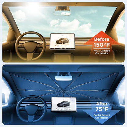 2026 for Tesla Model Y Model 3 Windshield Sun Shade Umbrella [7-Layer Vinyl Coating Heat Shield] Foldable Front Window Sunshade Umbrella Protect Interior from UV Keep Car Cooler(56" x 35")