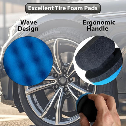 4 Pcs Tire Shine Applicator Pads, Tire Dressing Applicator, Reusable Tire Shine Sponge Wave Contoured for Car Detailing, 3.15inch (2 Blue & 2 Black)