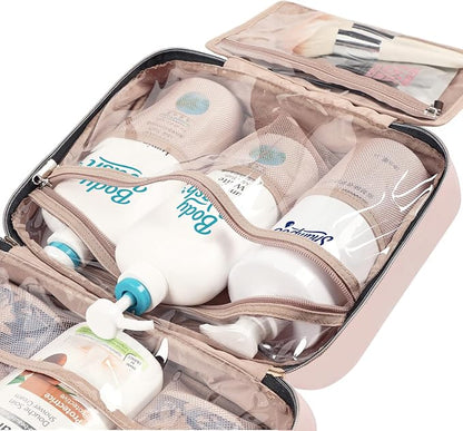 NISHEL Travel Toiletry Bag for women, Portable Hanging Organizer for Family-Sized Shampoo, Conditioner, Brushes Set, Makeup Accessories, Extra Large Size, Pink